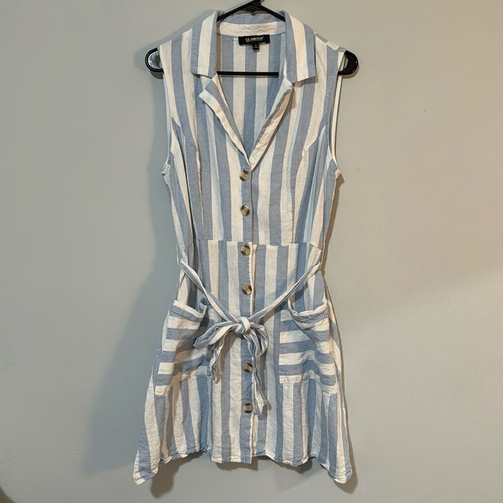 Glamour Blue Stripe Linen Blend Sleeveless Short Dress 12